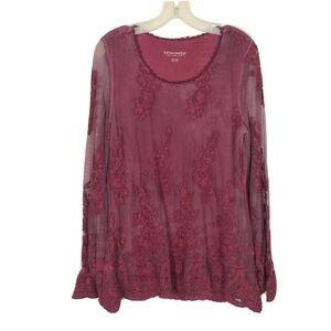Soft Surroundings Maroon Embroidered Layered Mesh Tunic Top Long Sleeve Size XL